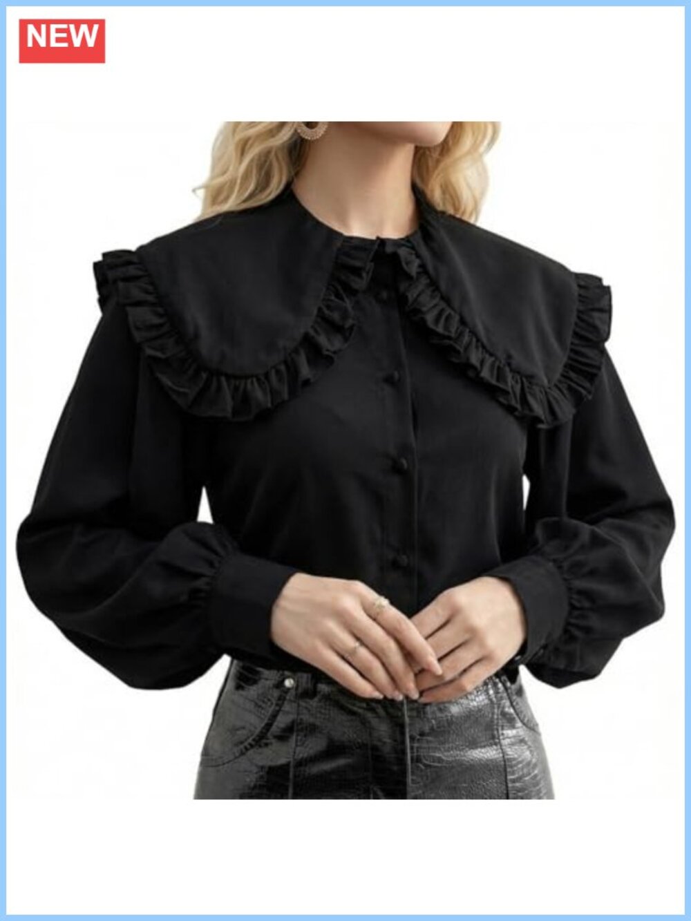 Women's Ruffle Collar Puff Long Sleeve Button Down Work Blouse